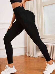 sin costuras de cintura alta de unicolor para uso diario, fitness y yoga para mujeres - Negro - Ver 6