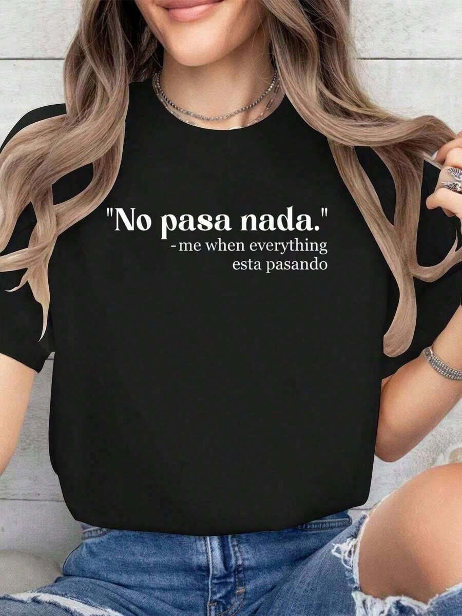 Spanglish - Camiseta de Algodón Estampada Bilingüe Spanglish para Maestros de Español Mexicano para Verano, Top de Manga Corta Suave para Mujer, Camiseta Gráfica Moderna y Cómoda. - Negro - Ver 1