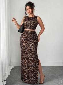 Conjunto de dos piezas de top de tirantes y falda con estampado de leopardo talla grande, sexy pero apropiado para el uso diario y el transporte - Caqui - Ver 8