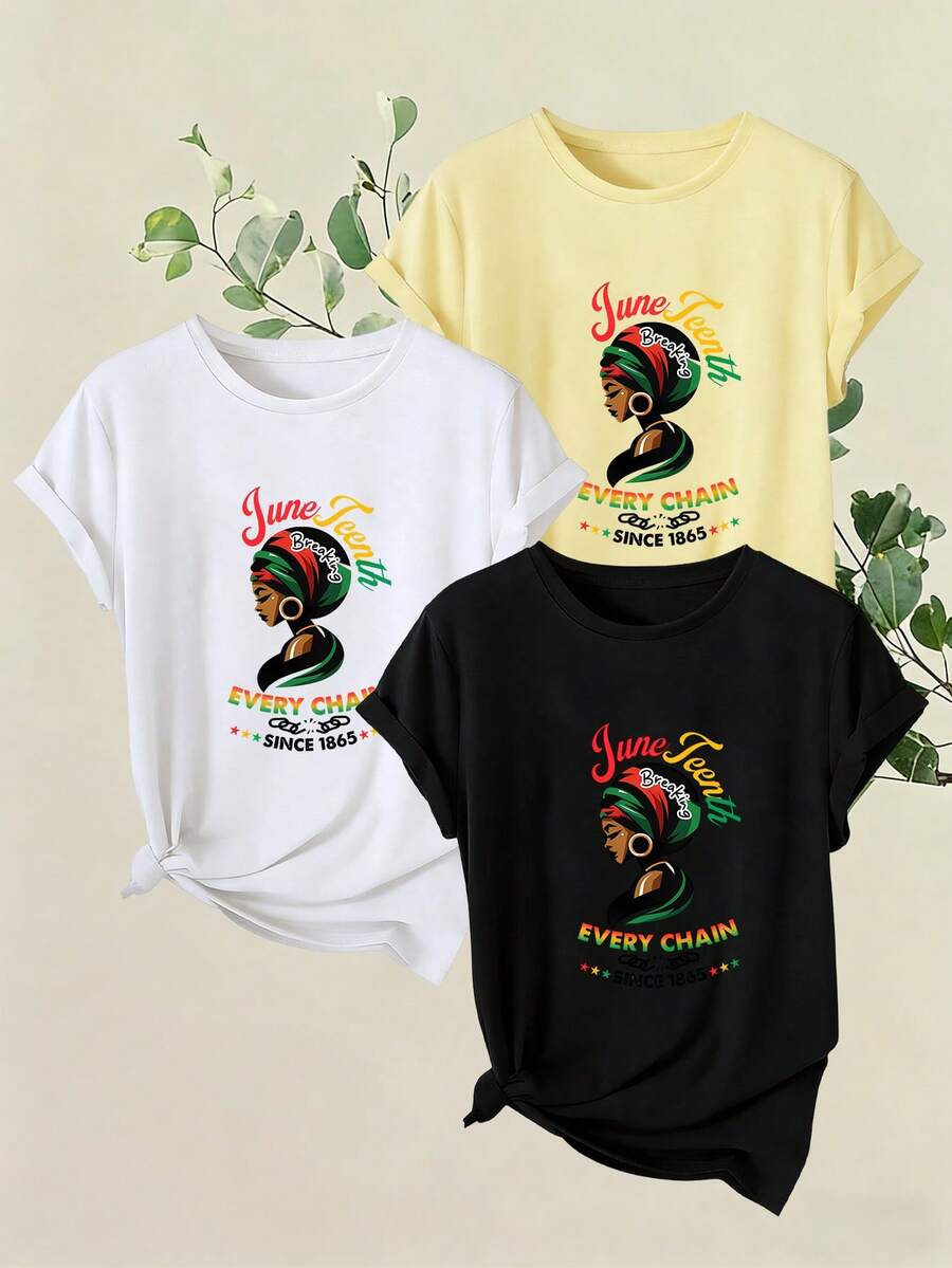 Women's T-Shirts, Three-Piece Set "Juneteenth Breaking Every Chain", Short-Sleeved Print With Round Neck, Summer Casual Style, Breathable And Comfortable Streetwear For Women, Modern Sports Top For Women. - 1件白色隨機圖案 - 查看 1