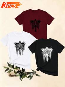 Women's T-Shirts, Women's T-Shirts, Dark Style Skull Print Chest One-Piece T-Shirt, Comfortable Casual Top, Unique Short Sleeve Set And A. - 1件黑色隨機圖案 - 查看 6