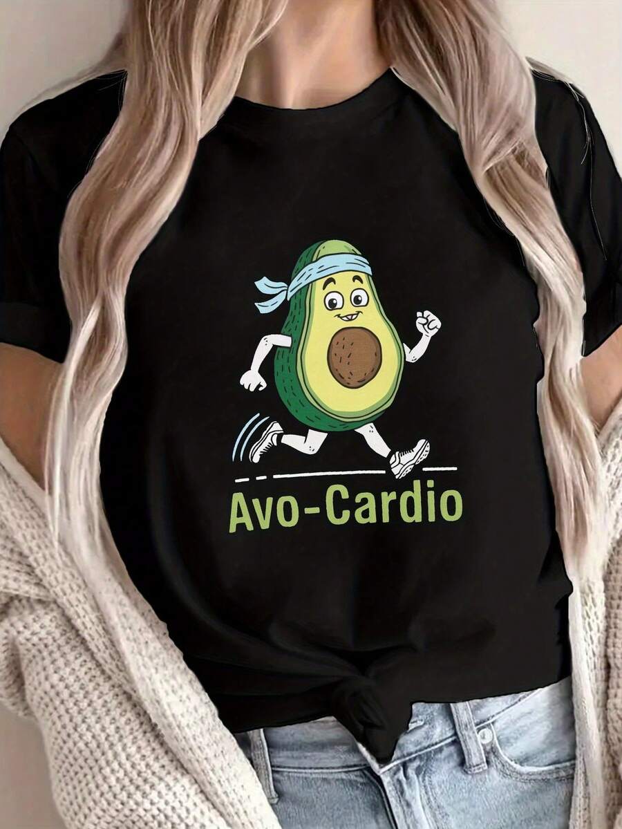 Women's 'Avo-Cardio' Graphic T-Shirt - Casual Crew Neck, Short Sleeve, Light Grey With Playful Avocado Design, Ideal For Spring And Summer, Casual Wear T-Shirt | Playful Graphic Tee | Stretch Fabric - 黑色 - 查看 1