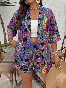 2 piezas Conjunto de talla grande Chaqueta de manga corta con estampado de leopardo, casual y de moda para uso diario - Negro - Ver 4