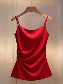 Camiseta ajustada con escote pronunciado y decoración de botones fruncidos en los laterales, de moda para mujeres - Rojo - Ver 4