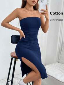 Vestido corto de verano ajustado tipo tubo con abertura lateral - Niebla azul - Ver 1