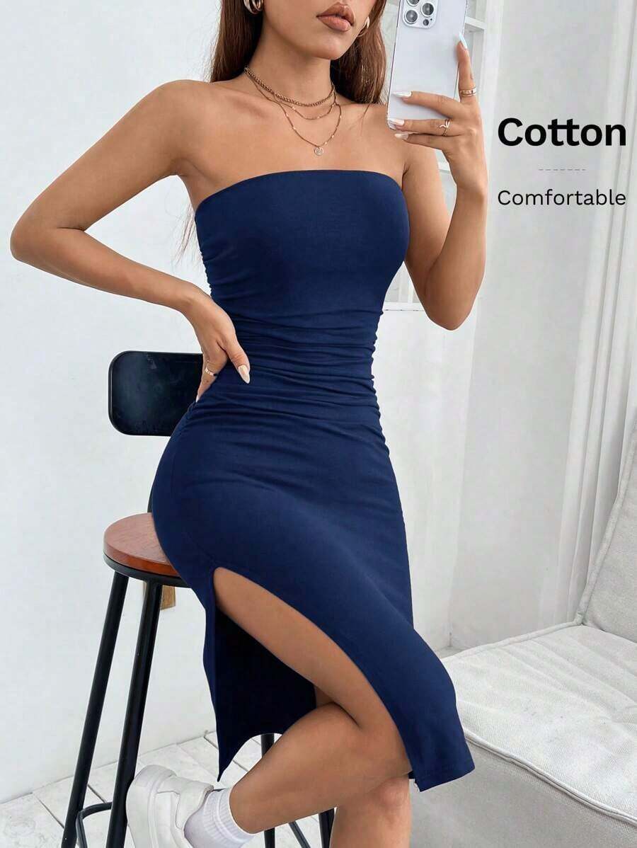 Vestido corto de verano ajustado tipo tubo con abertura lateral - Niebla azul - Ver 1