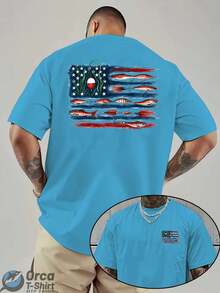 American Flag And Fish Print Short-Sleeve T-Shirt Featuring A Design That Combines The American Flag With Fishing Elements. Suitable For Outdoor Fishi - 藍色 - 查看 12