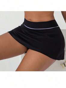 Pantalones cortos deportivos con ribete de contraste para mujer - Negro - Ver 5