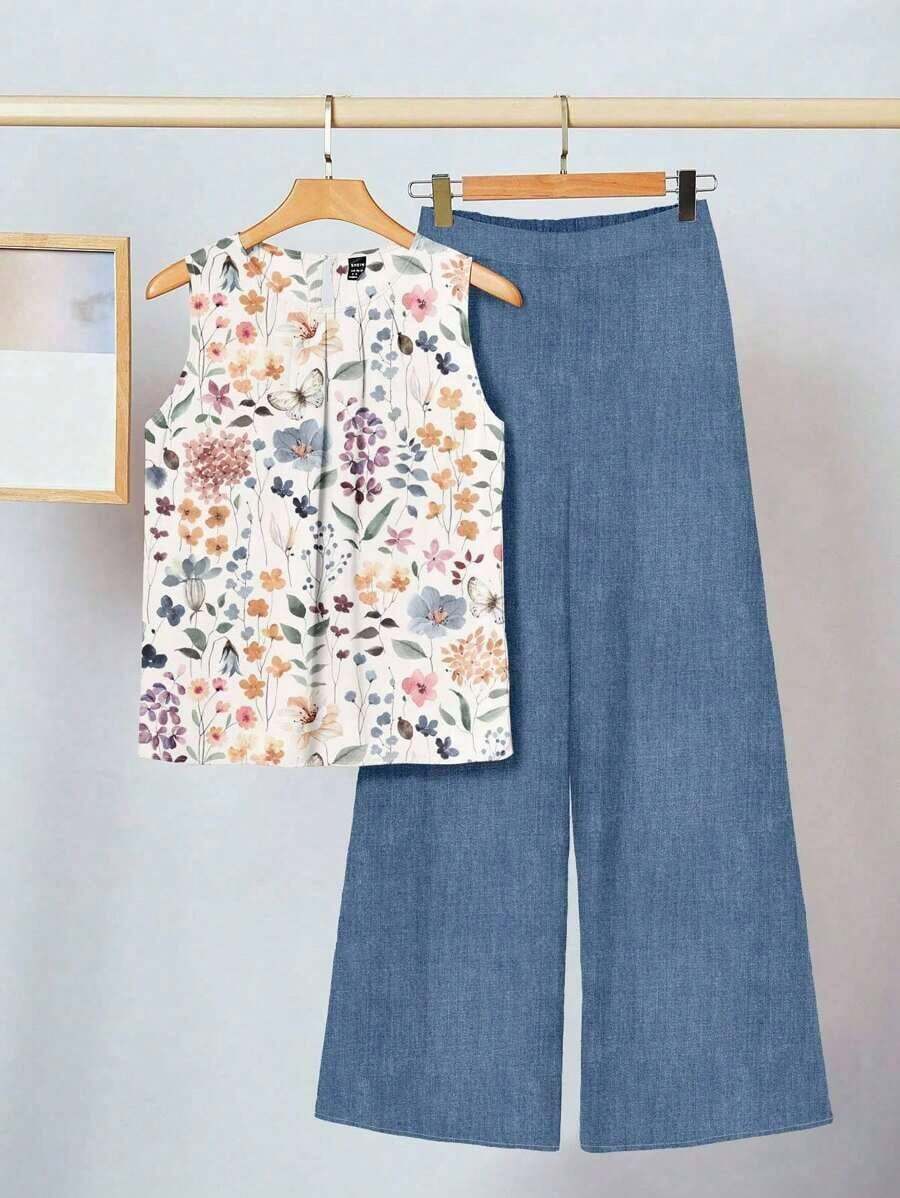 2 piezas Conjunto de mujer con estampado floral verde, adecuado para el verano - Azul - Ver 1