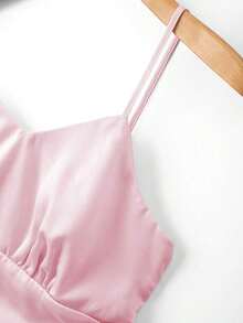 Blusa de satén sin mangas con cuello en V y diseño de fruncido en la cintura, favorecedora, elegante, sexy y versátil para primavera/verano - Rosa - Ver 6
