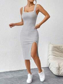 Vestido casual de verano para mujer con parte superior de tirantes básica a rayas y abertura - Blanco y Negro - Ver 3
