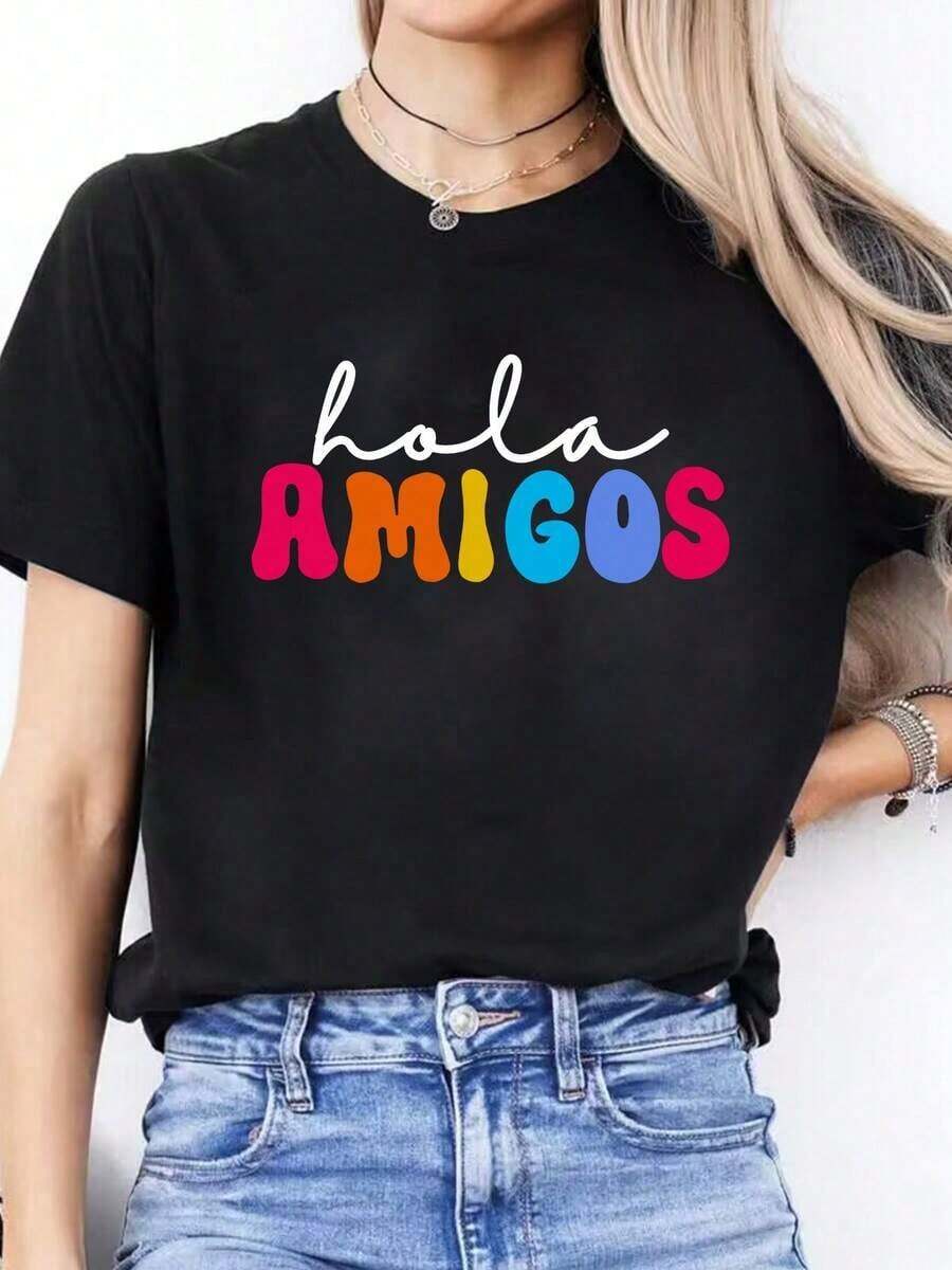 Women's Fashion T-Shirt With Spanish Letter Print, Casual Spring/Summer T-Shirt, Round Neck, Short Sleeve, Sports T-Shirt, Women's Top - 黑色 - 查看 1