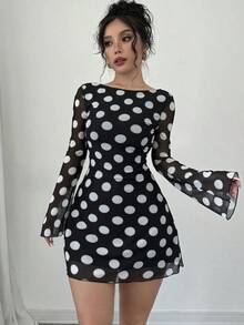 Vestido mini con espalda descubierta, mangas acampanadas y lunares para mujeres - Multicolor - Ver 5