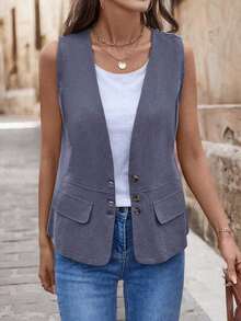 Chaqueta/chaleco casual con bolsillos y decoración de unicolor para mujer - Lavado ligero - Ver 3