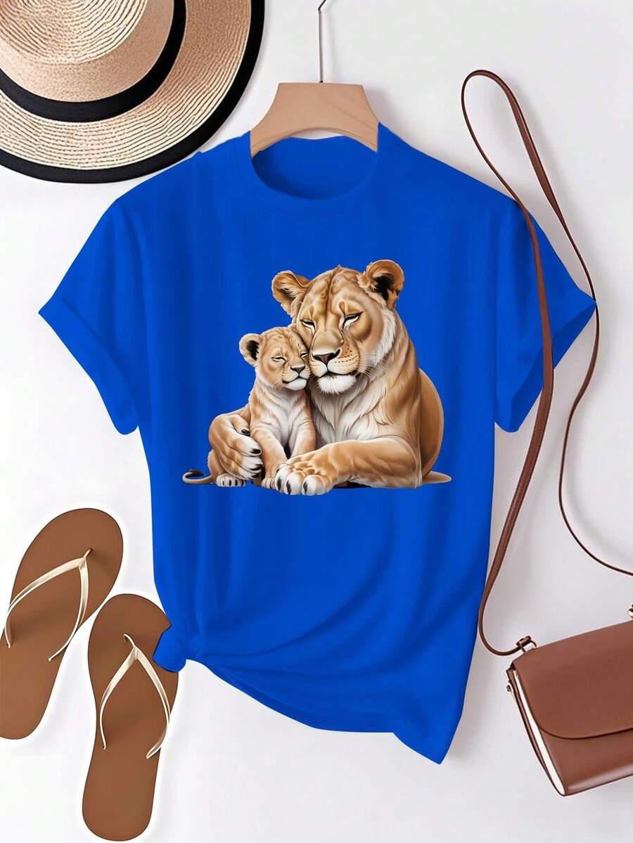 Comfortable And Pure T-Shirt For Women With A Design Of A Lioness And Her Cub Hugging - Blue - View 1