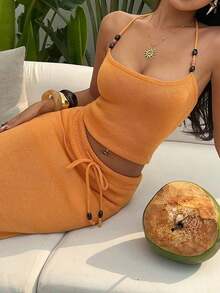 Conjunto de 2 piezas de top de tirantes vintage amarillo sexy y falda larga de punto de talle bajo, moda de playa de verano para mujer - Amarillo - Ver 2