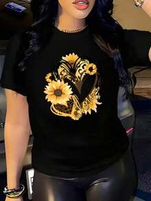 Faith Sunflower Print Summer T-Shirt, Versatile Short Sleeve Crew Neck Blouse For Women. 1 Sexy Casual Sweet Party Elegant Basic Off Shoulder Blouse Beach Night Out Vacation Office Home Garden Everyday Birthday Party Baby Shower Country Music Concert Stage & Summer Performance - 1 - 查看 8