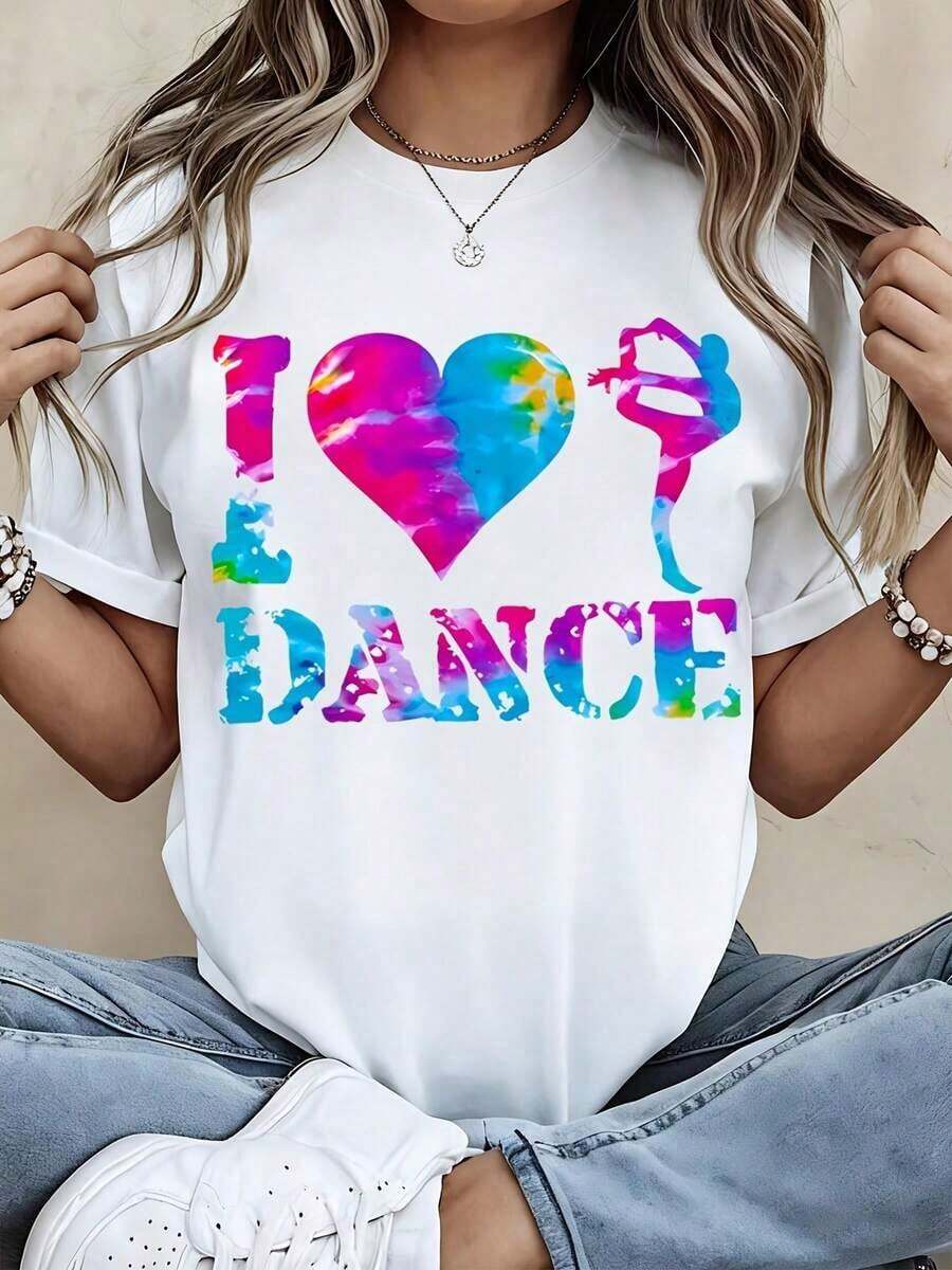 1 Piece Women's Round Neck T-Shirt With "I Love Dance" Print And Tie-Dye Effect, Short Sleeve, Casual Dance Practice Clothing, 180g, 100% Cotton. - 白色 - 查看 1