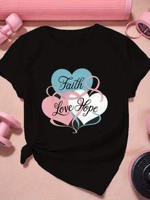 Limited Time Offer, Limited Quantities, Flash ! Women's Casual Shirts, Women's Polyester T-Shirts, Elegant Shirts. Faith, Love And Hope: Women's Short-Sleeved Athletic T-Shirt. - 黑色 - 查看 3