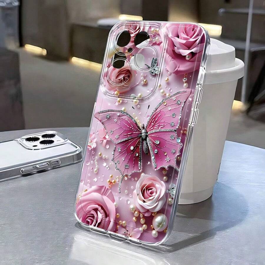 Pink Paper Flower & Butterfly Phone Case, Suitable As Birthday Or Christmas Gift For Girlfriend, Daughter, Couples, Teens - Multicolor - View 1