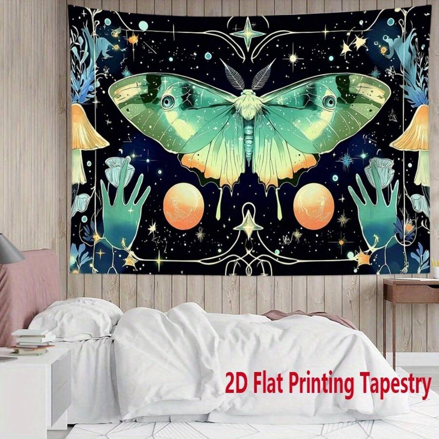 1pc Celestial Moth Tapestry - Boho Moon And Stars Wall Hanging In Teal Green, Golden, Blue, Black & Turquoise - Non-Slip Yoga Meditation Decor, Polyester Fabric For Living Room, Bedroom, Studio - Bohemian Spiritual Art Gift For Astrology & Nature Lovers, Sun And Moon Decor, Home Decoration, Mystical Design, Detailed Artwork, Natureinspired Decorators, Highquality Print, 2D Flat - 1PC - 查看 1