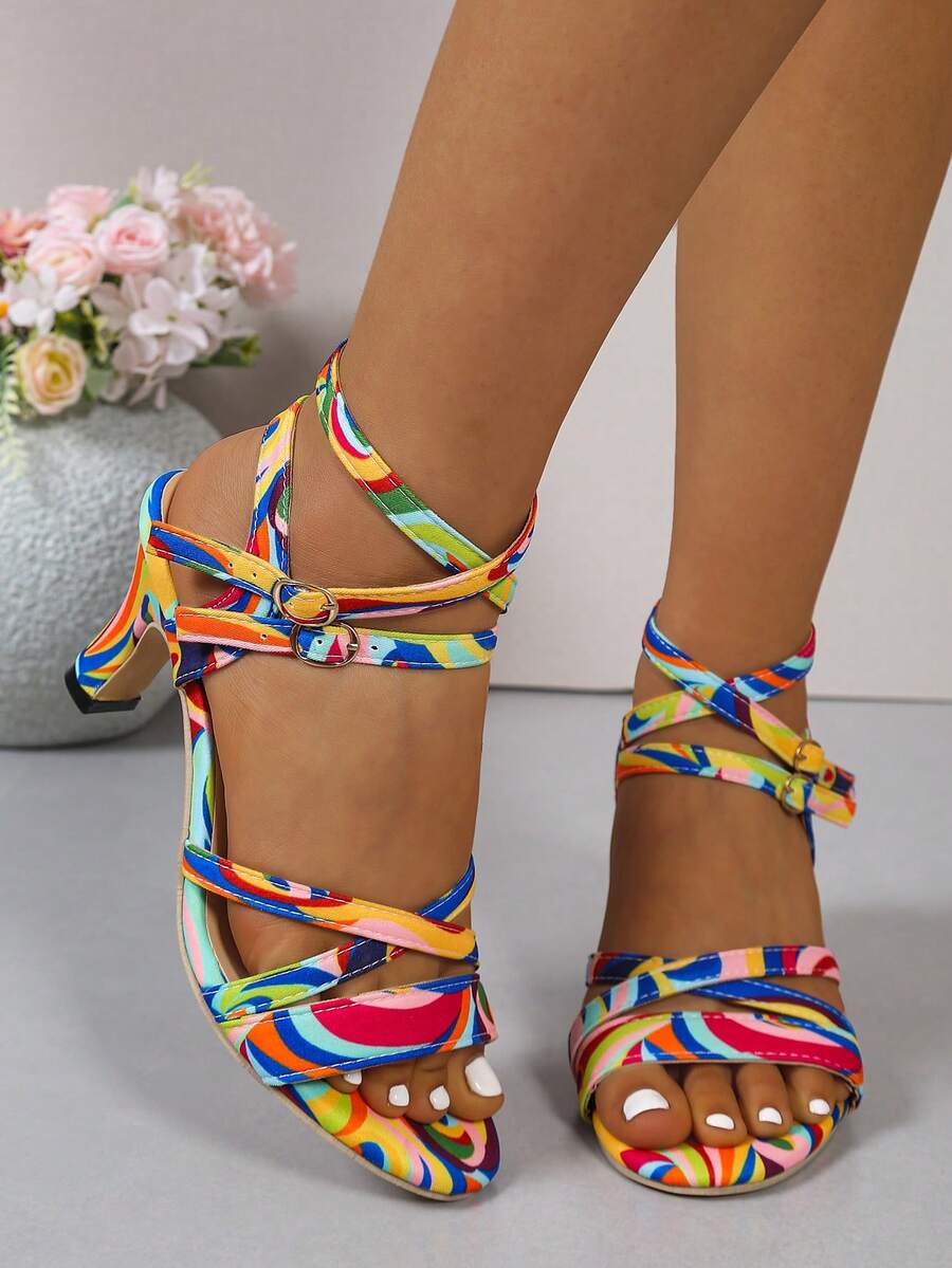 Neon Color Block Criss-Cross Strap High Heel Sandals, Eye-Catching Sexy Style - Iridescent - View 1