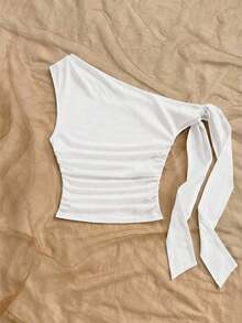 2 piezas Blusa casual de mujer con hombros fruncidos y nudo retorcido, versátil para citas y salidas - Blanco - Ver 5
