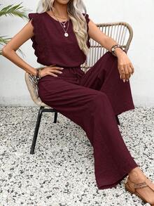 Conjunto de 2 piezas de blusa con ribete de encaje de unicolor y pantalones de pierna ancha para mujer, casual para vacaciones y viajes, primavera/verano - Burdeos - Ver 6