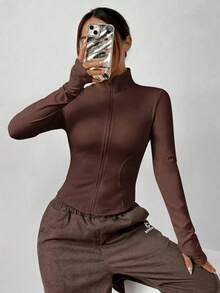 Chaqueta de manga larga de punto ajustada con protección solar para mujer en otoño/invierno, color albaricoque - Marrón - Ver 5