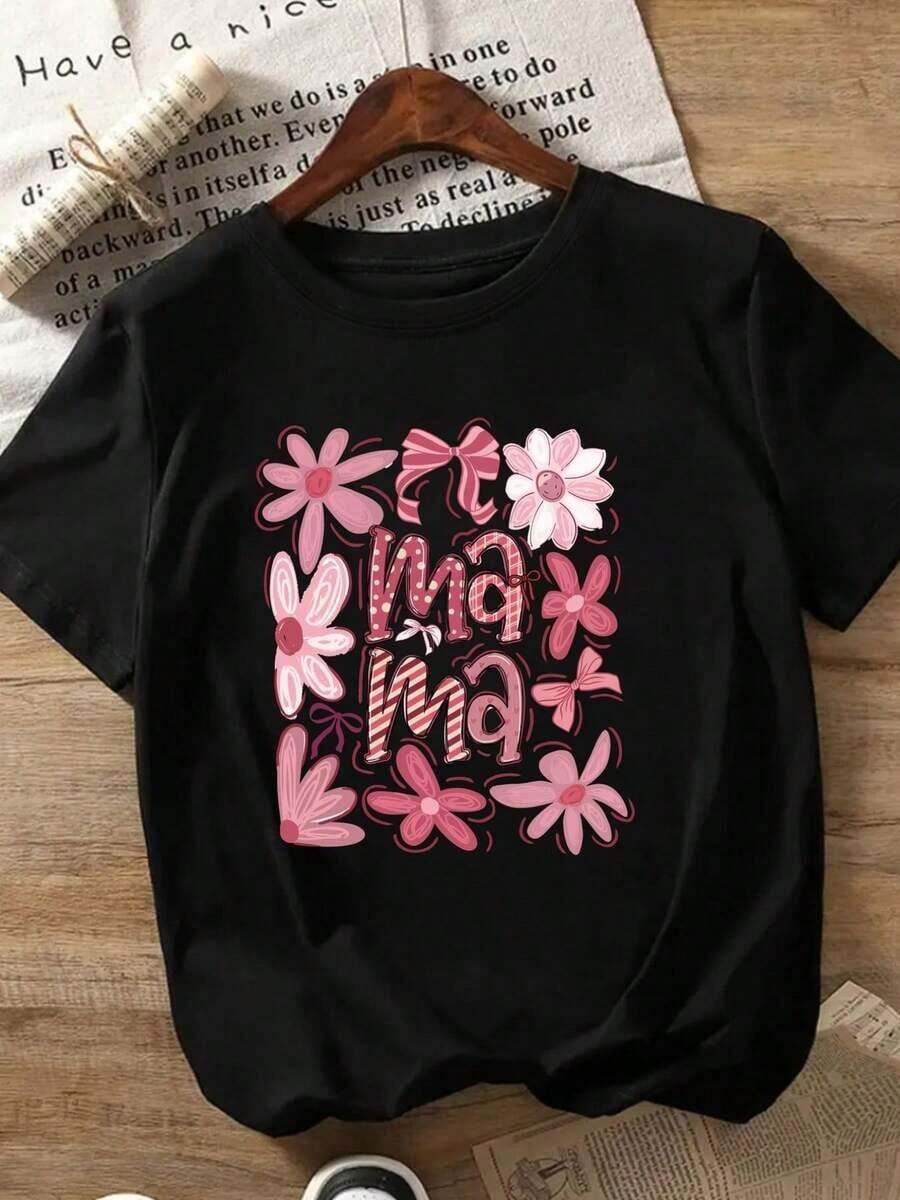 Camisetas Gráficas de Manga Corta para el Día de la Madre, con Cuello Redondo Estampado para Mujer - Casual, una Camiseta Estándar de Manga Corta. Camiseta Estampada de Cuello Redondo 100% Algodón para Mujer. Adecuada para primavera, verano y otoño. - Negro - Ver 1