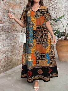 Plus Size Women's Retro Floral Print V-Neck Short Sleeve Maxi Dress, Elegant Summer Holiday Dresses - 彩色 - 查看 4