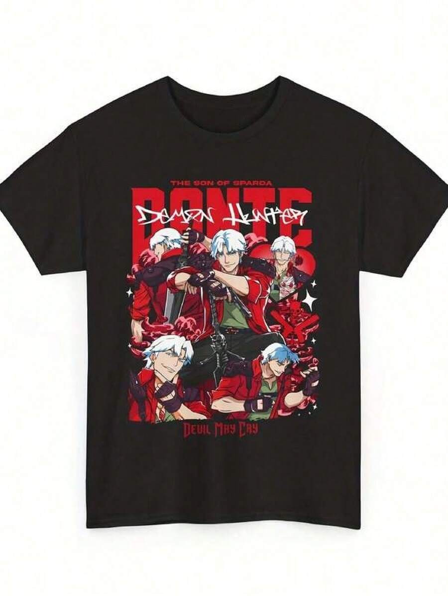 Camiseta unisex de manga corta, camiseta con el logo de Herren- & DMC - Camiseta retro de gaming con estampado icónico de Dante, marca icónica de DMC, cuello redondo, corte - Negro - Ver 1