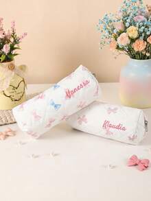 1PC Personalized Name Cute Bow Makeup Bag Aesthetic Custom Cosmetic Pouch For Girls Women Big Capacity Organizer Portable For Travel Daily Use Gift - Pink - View 4