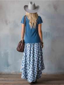 Vestido de manga corta y larga a cuadros de terciopelo azul de moda de estilo retro - Azul - Ver 4