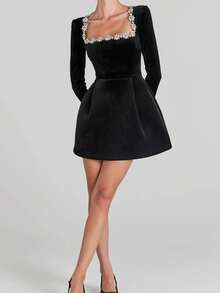 Vestido corto terciopelo primavera mujer cuello cuadrado con brillos elegante y moderno - Negro - Ver 10