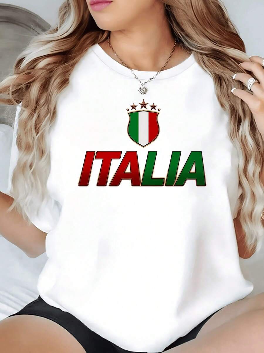 Escudo tricolor con la palabra Italia que representa orgullo nacional pasión deportiva y amor por la cultura italiana camiseta de mujer casual cómoda y moderna - Blanco - Ver 1