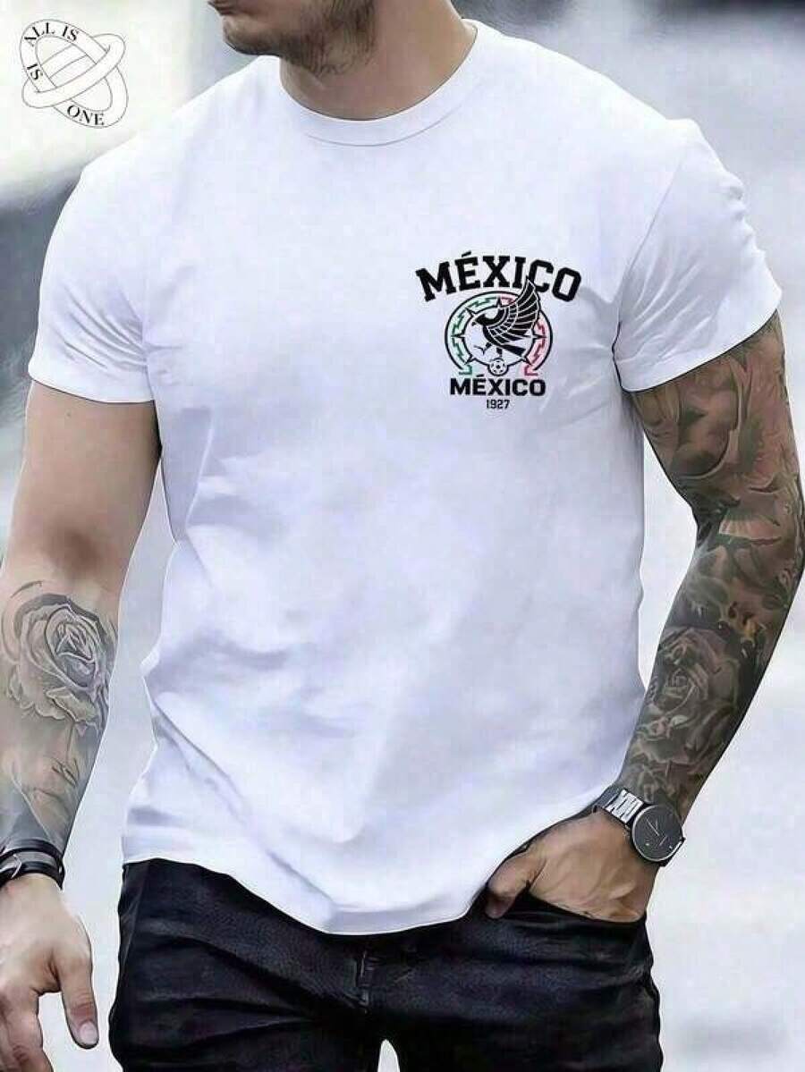 ALL IS ONE Graphic TeesPlayera de Hombre con Gráfico de Fútbol de la Copa Mundial y Águila Mexicana, Cuello Redondo Casual de Manga Corta con Diseño de MÉXICO y 1927, Ropa Urbana Deportiva Ajustada100% 2026 Mexico World Cup - Negro - Ver 1