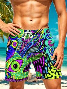 Plus Size Men's Drawstring Waist All-Over Print Casual Beach Shorts - Multicolor - View 3