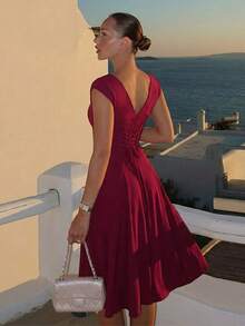 Vestido largo invierno estilo francés liso ajustado con tirantes cremallera y lazos traseros elegante moda para mujer - Burdeos - Ver 8