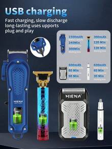 HIENA Men's 4-Piece Hair Clipper Set Beard Trimmer + Electric Clipper Available Individually/As A Set Professional Hair Beard Sideburn Trimming Tool Holiday Gift - Blue - View 2