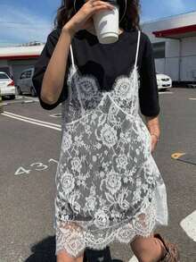 Women's Dress With Short Sleeves And Lace, 2 In 1, Casual Dresses For Women, Floral Dresses For Women - 黑白 - 查看 7