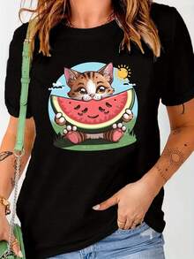Camiseta de cuello redondo con estampado de gato de sandía, top casual de manga corta para primavera y verano, ropa de mujer. - Negro - Ver 6
