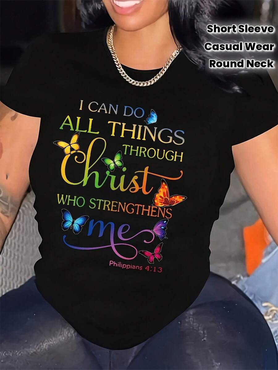 Women's Colorful Slogan T-Shirt - Soft And Breathable Crew Neck, Short Sleeve Ideal For Summer And Spring, Casual Clothing With Slogan Print, Comfortable And Machine Washable - 黑色 - 查看 1