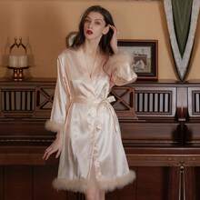 Áo choàng cô dâu, Áo choàng tắm lông vũ cho nữ, Áo kimono satin cho phù dâu trong đám cưới - Nhiều màu - Xem 9