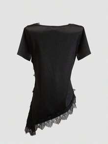 Camiseta de mujer con cuello de volantes y encaje, elegante y de moda, adecuada para el Día de San Valentín, bodas, vacaciones, salidas casuales, fiestas, con bajo asimétrico y tela elástica - Azul marino - Ver 11