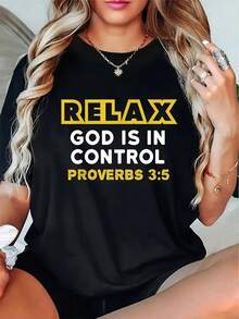 Women's Black T-Shirt 'God Is In Control' Proverbs 3:5 - Casual Crew Neck, Comfortable Stretch Fabric, Christian Inspirational Message, All-Season Clothing, Relaxation Wear | Bible Quote T-Shirt | Comfort Fit T-Shirt - 黑色 - 查看 1