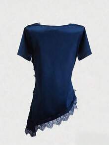 Camiseta de mujer con cuello de volantes y encaje, elegante y de moda, adecuada para el Día de San Valentín, bodas, vacaciones, salidas casuales, fiestas, con bajo asimétrico y tela elástica - Azul marino - Ver 2