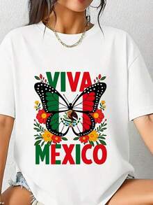 Viva Mexico T-Shirt With Mexican Butterfly Flag For Independence Day, 100% Cotton, Short Sleeve, Crew Neck, Unisex, Mexican Pride, Heritage Gift, Monarch Floral Graphic T-Shirt, Five Of Ma-3 Blouses For Women - 白色 - 查看 12