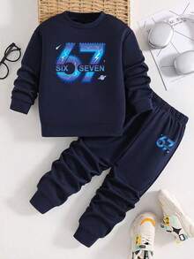 Young Boys Letter Print Crew Neck Long Sleeve Warm Sweatshirt And Pants Set - Royal Blue - View 2