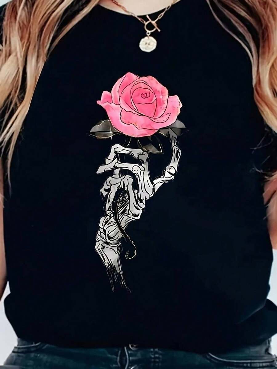 Women's Casual Black Short-Sleeve T-Shirt With A Graphic Print Of Skeleton Hands And Pink Roses, Round Neck, Comfortable Fit, Medium Stretch, Machine Washable, Spring/Summer Top, Ladies' T-Shirts, Medium Stretch Shirt - 黑色 - 查看 1